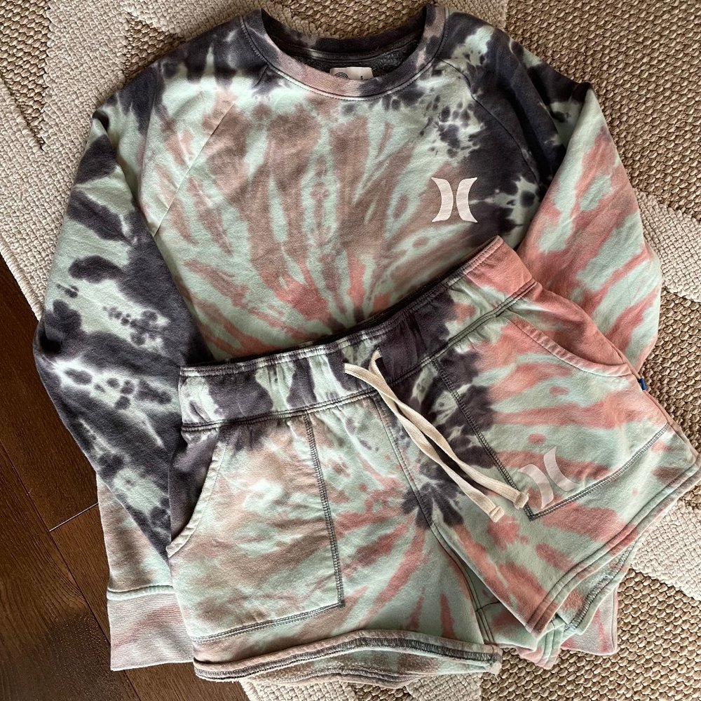 Hurley Womens Tie-Dye Fleece Sweater + Shorts Lounge Set Bundle